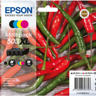 Multipack Originale EPSON 503XL C13T09R64010 con Blister con 4 Cartucce 1 Nero XL 9,2 ml. fino a 550 pagine, 1 Ciano 6,4 ml., 1 Magenta 6,4 ml., 1 Giallo 6,4 ml. fino a 470 pagine